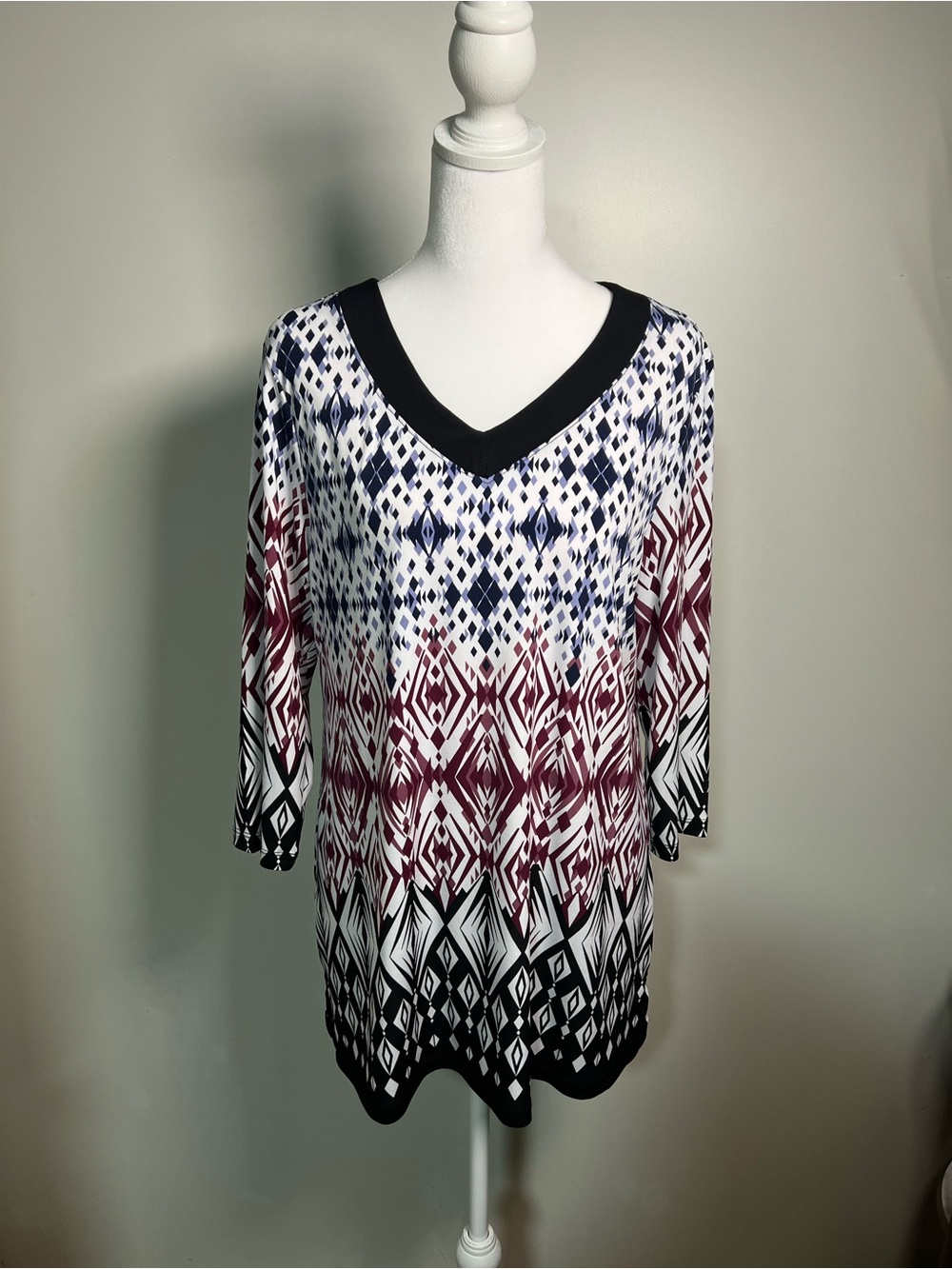 Christopher & Banks V-Neck Geometric Tunic - Black, White & Burgundy